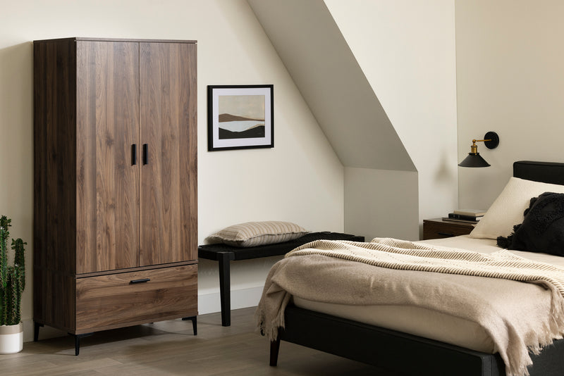 Armoire penderie avec portes et tiroir Musano -  Noyer naturel