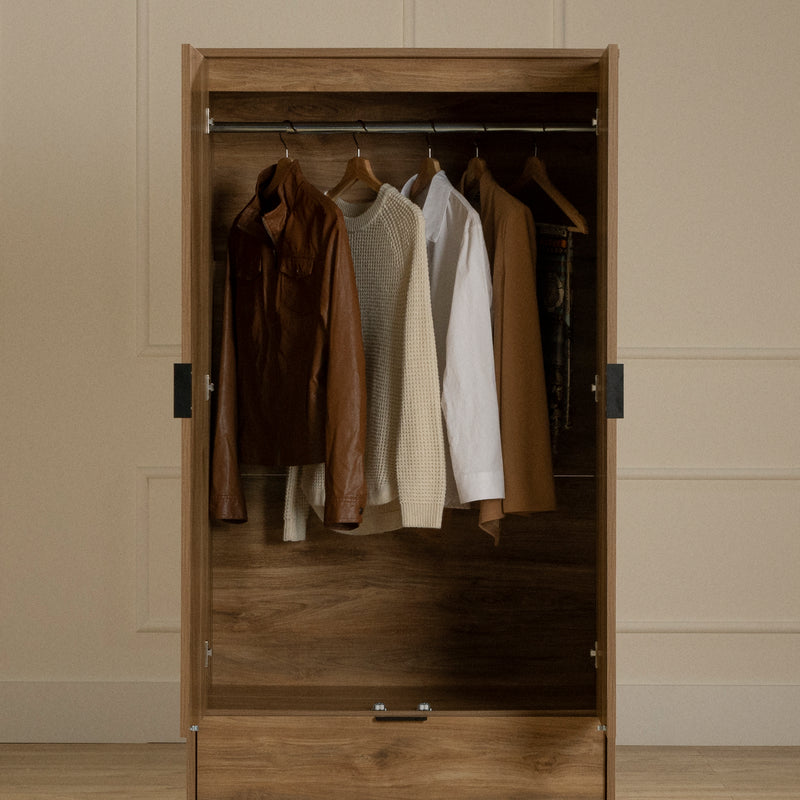 Armoire penderie avec portes et tiroir Oxford - Manguier naturel