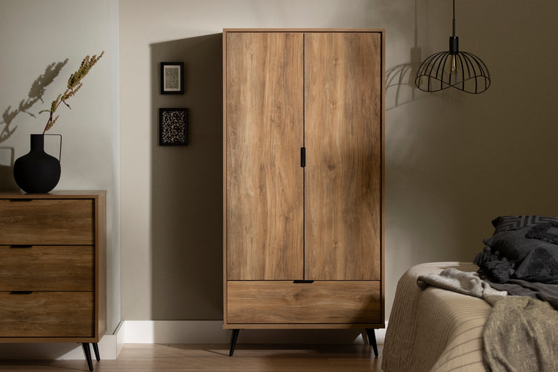 Armoire penderie avec portes et tiroir Oxford - Manguier naturel