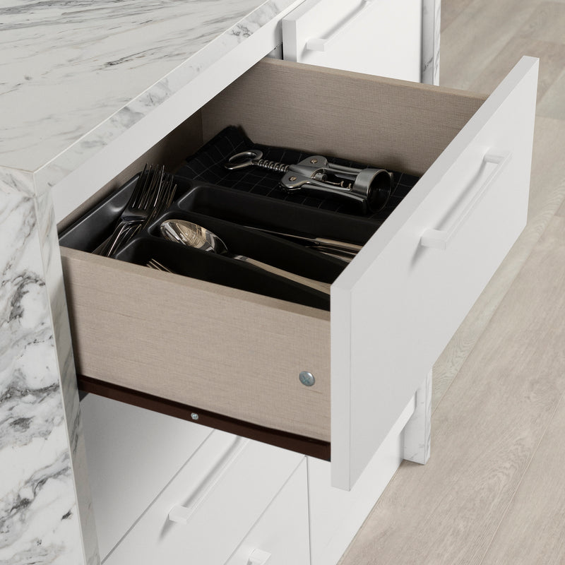 Îlot de cuisine compact avec rangement Myro - Faux Marbre blanc et Blanc