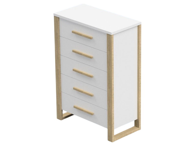 Commode 5 tiroirs - Blanc et Moisson