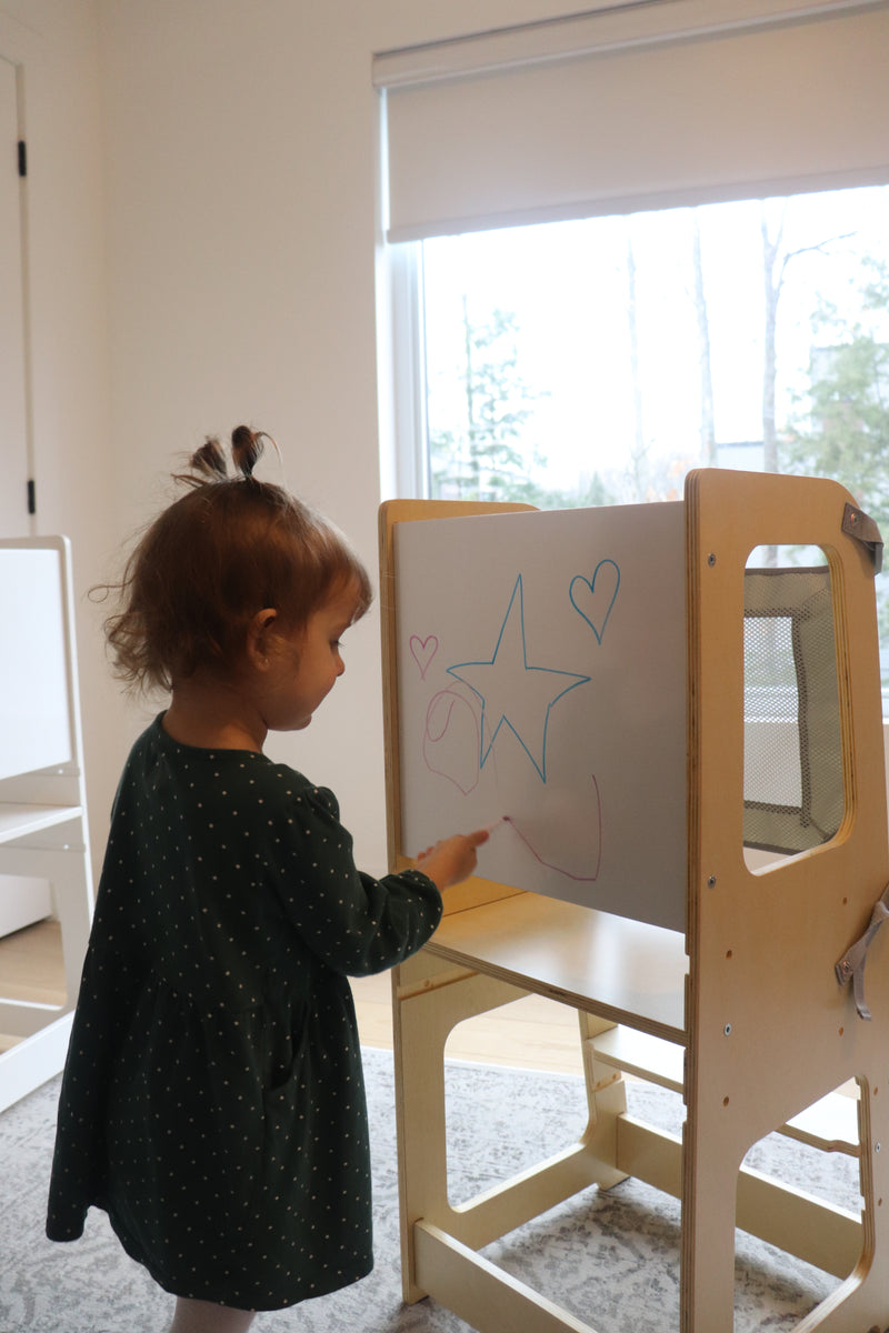 Tour d'apprentissage en bois 2 en 1  avec tableau blanc - couleur bois naturel