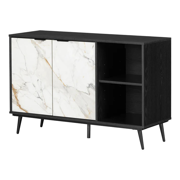 Buffet 2 portes avec rangement ouvert Mezzy - Chêne noir et Faux marbre blanc