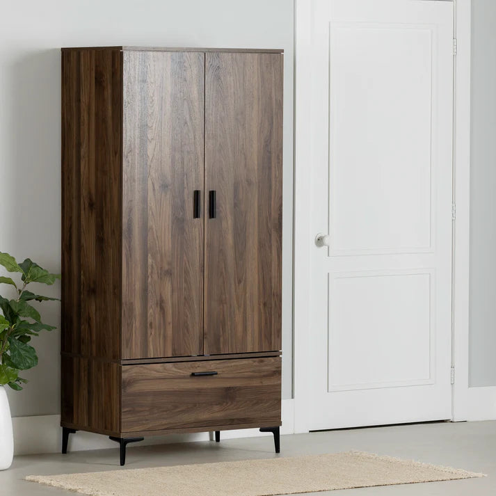 Armoire penderie avec portes et tiroir Musano -  Noyer naturel